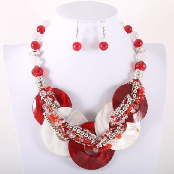 Red and White Round Shell and Beaded Fashion Necklace Set ( 541 ) - Ohmyjewelry.com