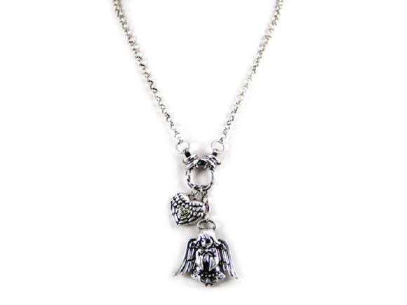 SILVER NECKLACE WITH DANGLING ANGEL AND HEART CHARM ( 0834 )