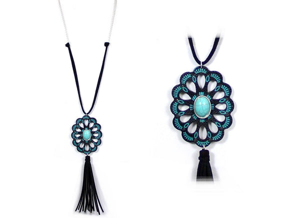 LONG SILVER FAUX LEATHER NECKLACE TURQUOISE ( 0862 WSJTQ )