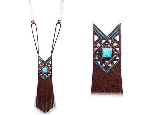 SILVER FAUX BROWN LEATHER NECKLACE TURQUOISE ( 0865 WSBTQ )