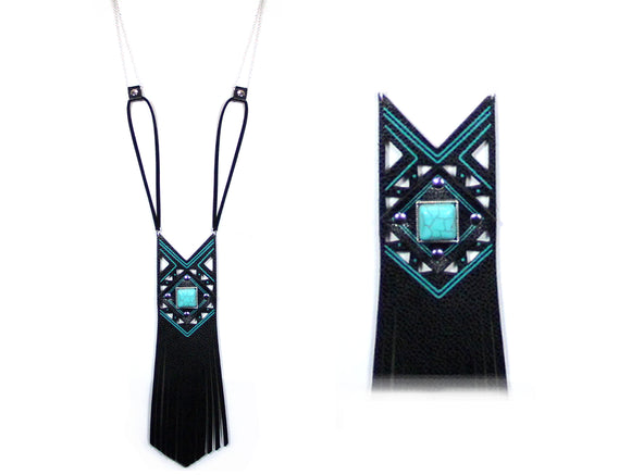 SILVER FAUX BLACK LEATHER NECKLACE TURQUOISE ( 0865 WSJTQ )