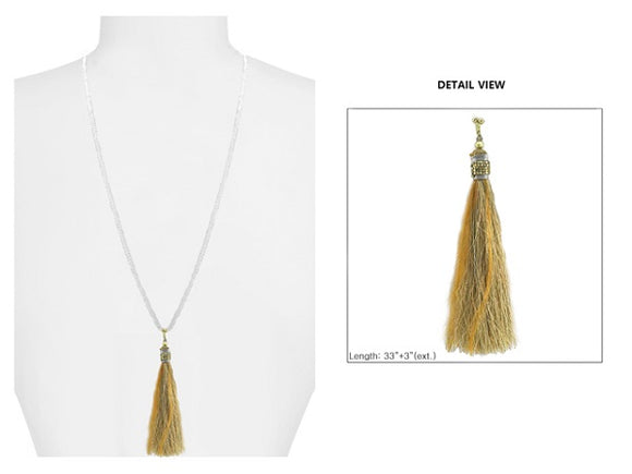 Brown Crystal Beaded Necklace with Brown Feather Thread Tassel ( 1595 )