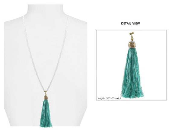 Brown Crystal Beaded Necklace with Green Feather Thread Tassel ( 1595 )