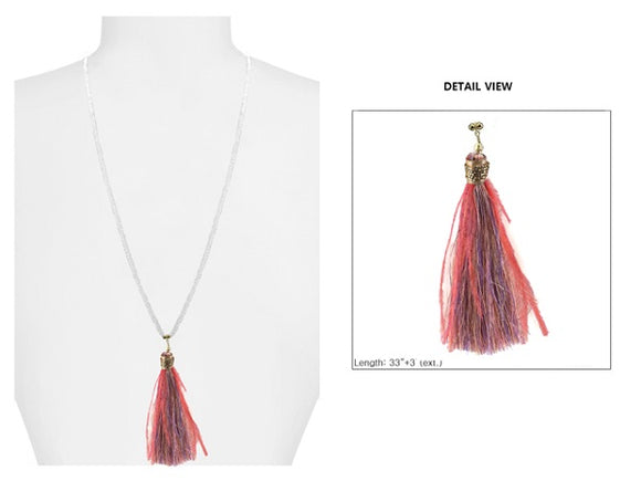White Crystal Beaded Necklace with Pink Feather Thread Tassel ( 1595 )