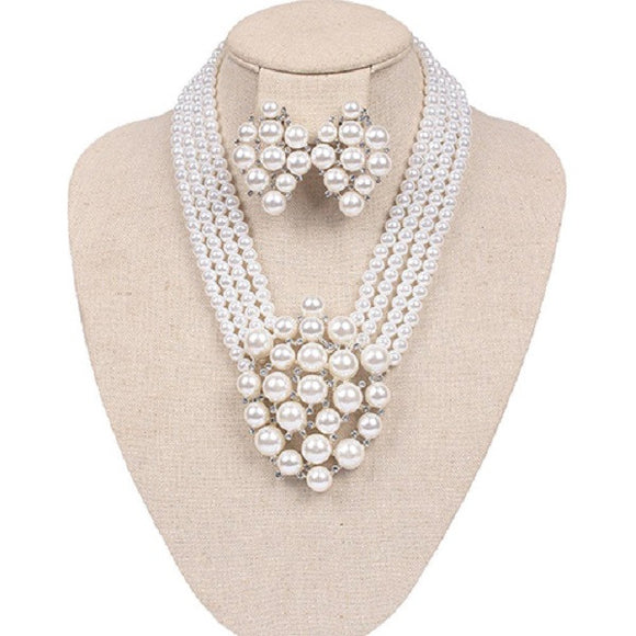 Large White Pearl Pendant on 4 Strand White Pearl Necklace with Matching CLIP ON Earrings ( 165WH )