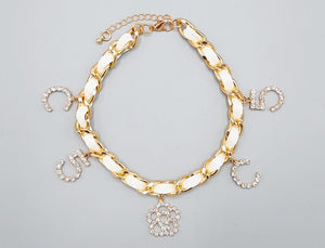 GOLD WHITE ANKLET DANGLING 5 C FLOWER CHARM CLEAR STONES ( 1510 GDWHT )