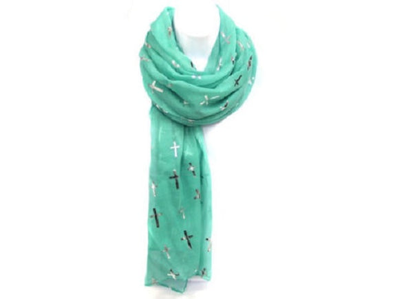 Turquoise Color Scarf with Silver Crosses ( 0615 )