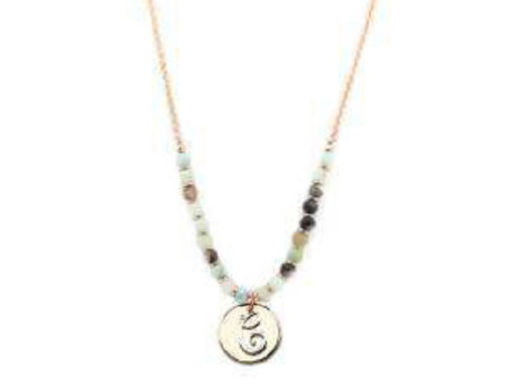 Amzonite Semi Precious Stone Beaded Necklace with Rose Gold and Silver C Monogram Initial