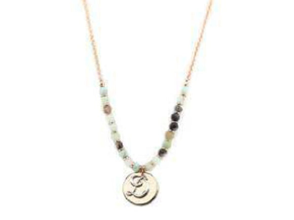 Amzonite Semi Precious Stone Beaded Necklace with Rose Gold and Silver D Monogram Initial