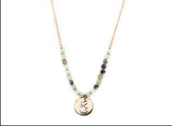Amzonite Semi Precious Stone Beaded Necklace with Rose Gold and Silver E Monogram Initial