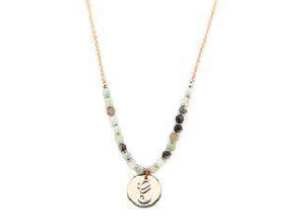 Amzonite Semi Precious Stone Beaded Necklace with Rose Gold and Silver G Monogram Initial