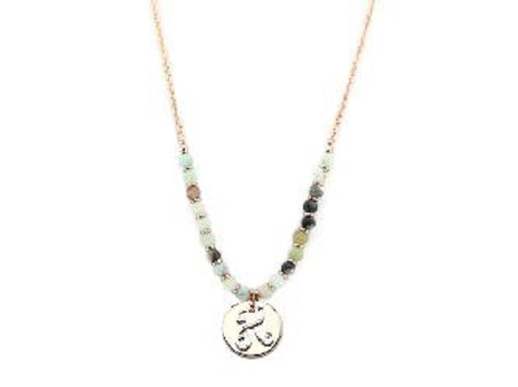 Amzonite Semi Precious Stone Beaded Necklace with Rose Gold and Silver H Monogram Initial
