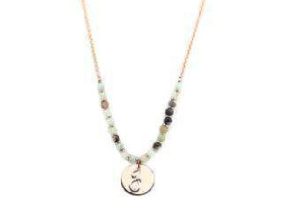 Amzonite Semi Precious Stone Beaded Necklace with Rose Gold and Silver J Monogram Initial