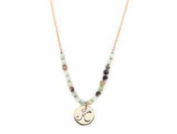 Amzonite Semi Precious Stone Beaded Necklace with Rose Gold and Silver K Monogram Initial