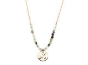 Amzonite Semi Precious Stone Beaded Necklace with Rose Gold and Silver M Monogram Initial