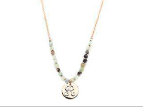 Amzonite Semi Precious Stone Beaded Necklace with Rose Gold and Silver R Monogram Initial