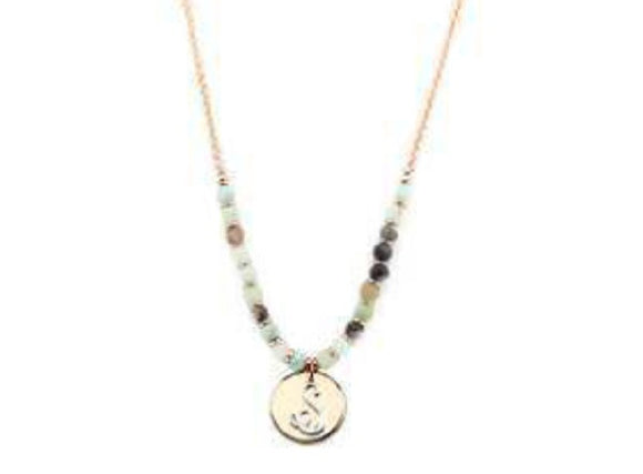 Amzonite Semi Precious Stone Beaded Necklace with Rose Gold and Silver S Monogram Initial
