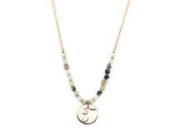 Amzonite Semi Precious Stone Beaded Necklace with Rose Gold and Silver T Monogram Initial