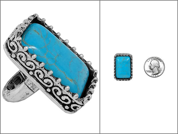 SILVER RECTANGLE RING TURQUOISE STONE