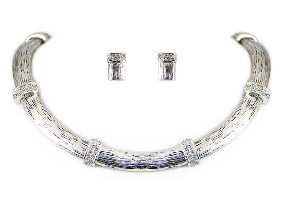Brushed Silver U Shape Necklace Set with Rhinestones