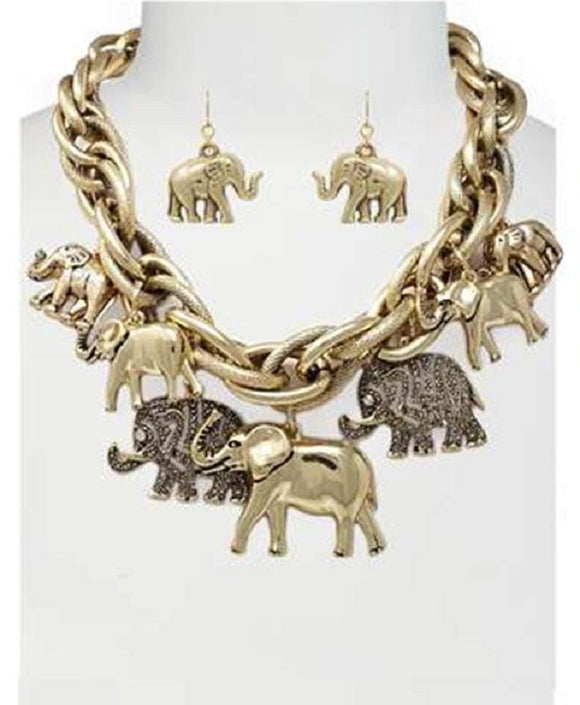 Chunky Gold Elephant Charm Necklace with Matching Dangle Earrings ( 6085 AG ) - Ohmyjewelry.com