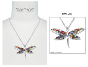 SILVER NECKLACE SET DRAGONFLY PENDANT MULTI COLOR STONES ( 6621 ASMX )