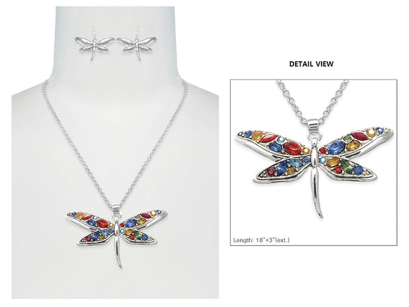 SILVER NECKLACE SET DRAGONFLY PENDANT MULTI COLOR STONES ( 6621 ASMX )