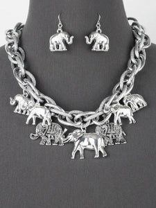 Chunky Silver Elephant Charm Necklace with Matching Dangle Earrings ( 6085 AS ) - Ohmyjewelry.com