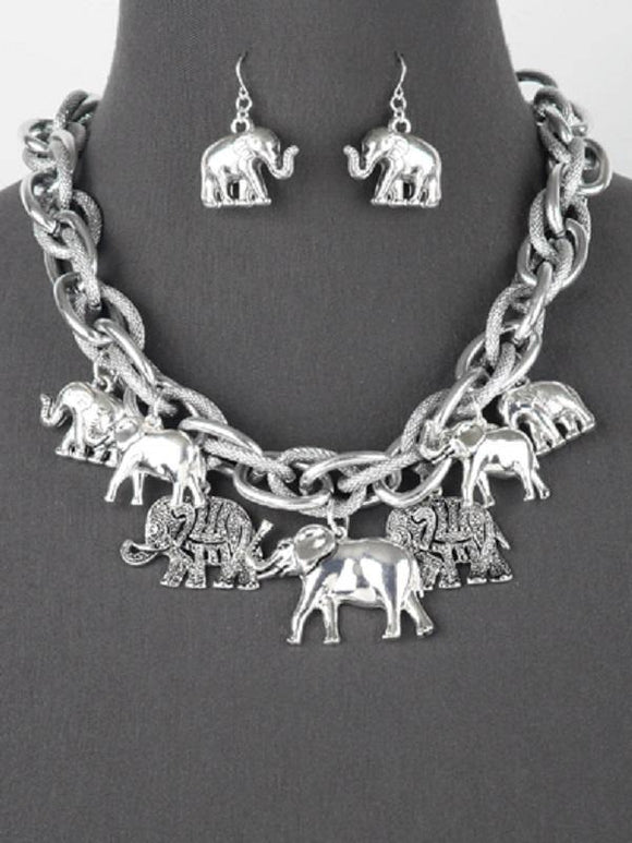 Chunky Silver Elephant Charm Necklace with Matching Dangle Earrings ( 6085 AS ) - Ohmyjewelry.com