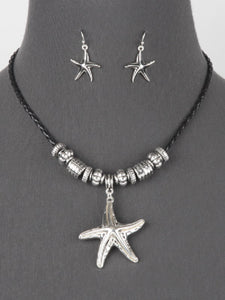 Black Chord with Silver Starfish Pendant and Matching Dangle Earrings ( 6259 )