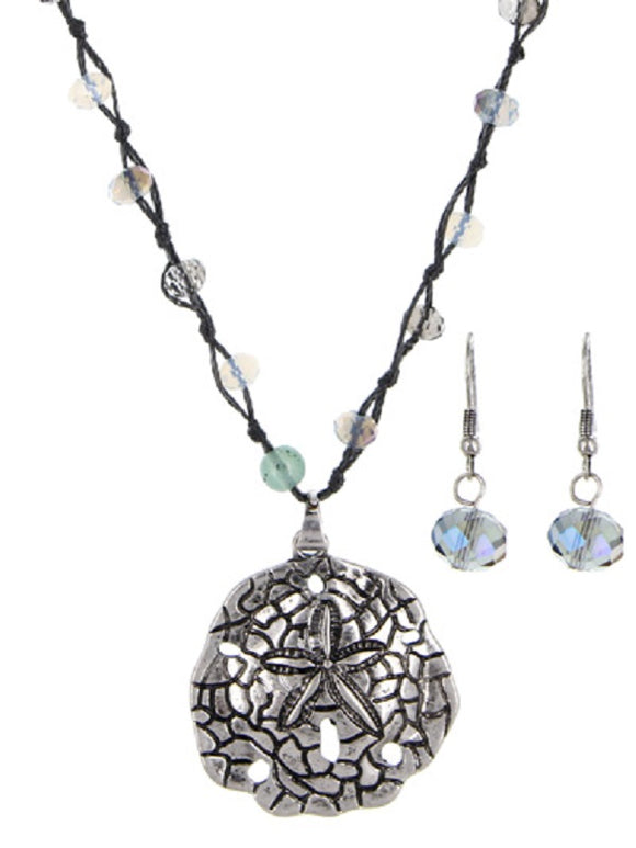 Glass Beaded Necklace with Silver Sand Dollar Pendant and Earrings ( 6270 )
