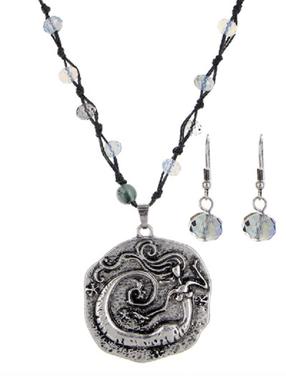 Glass Beaded Necklace with Burnish Silver Mermaid Pendant and Earrings ( 6272 )