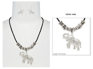Black Leather Braided Necklace with Silver Beads and Elephant Charms ( 6287AS )