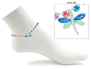 SILVER ANKLET MULTI COLOR STONES DRAGONFLY CHARM ( 0358 SMT1 )