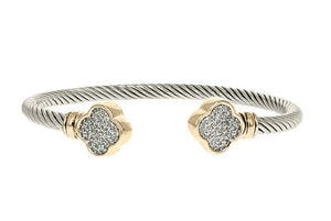 TWO TONED CUFF BANGLE CLOVER CLEAR STONES ( 1119 ) - Ohmyjewelry.com