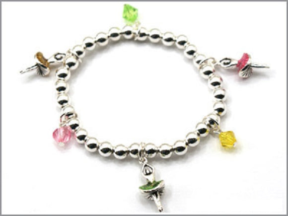Kids Silver Beaded Stretch Bracelet with Multi Color Ballerina Charms ( 22174 )