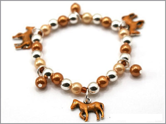 Kids Silver and Brown Beaded Stretch Bracelet with Horse Charms ( 27577 )