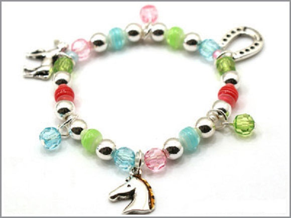 Multi Color Beaded Kids Stretch Bracelet with Horse Theme Charms ( 27734 )