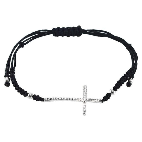 BLACK THREAD BRACELET SILVER CROSS CLEAR STONES ( 486 RH ) - Ohmyjewelry.com