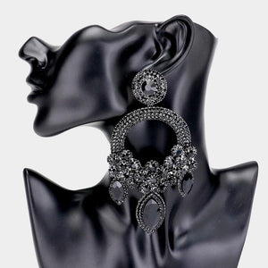 5 1/4" Long Large JET BLACK Open Round Chandelier Rhinestone PIERCE Earrings ( 5319 ) - Ohmyjewelry.com