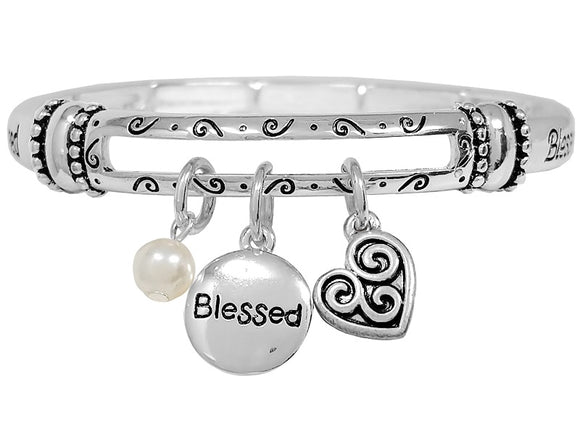 SILVER STRETCH BRACELET BLESSED HEART CHARMS ( 01008 ASPL )