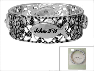 SILVER STRETCH BRACELET JOHN 3:16 FISH CROSS ( 01543 AS )