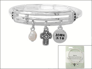 SILVER STRETCH BRACELET JOHN 3:16 CROSS CHARMS ( 01650 ASPL )