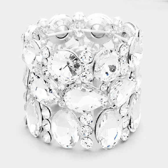 Silver Clear Oval, Teardrop, and Round Shape Formal Stretch Bracelet ( 0036 ) - Ohmyjewelry.com