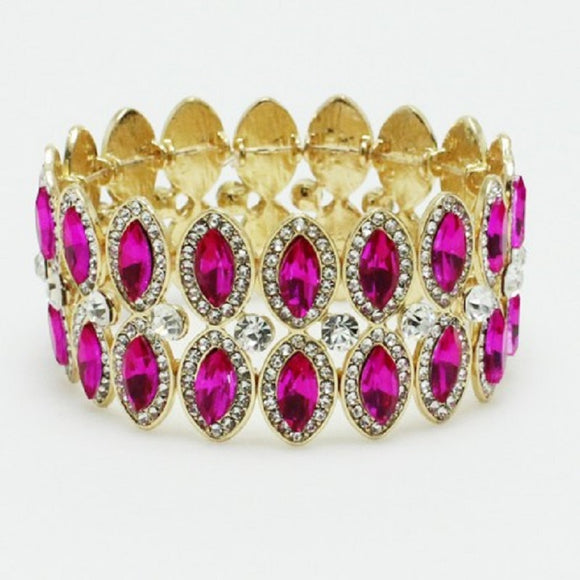 Gold Fuchsia Pink Double Marquise Rhinestone Stretch Bracelet ( 0090 )