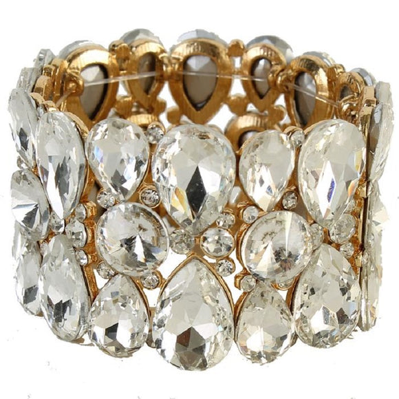 Gold Clear Teardrop and Round Crystal Formal Stretch Bracelet ( 0091 2C)