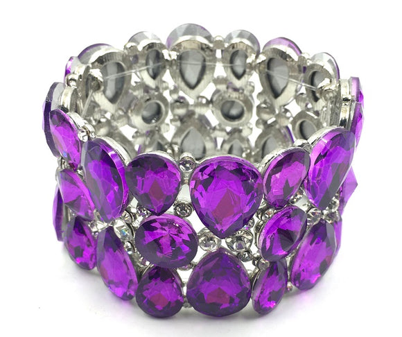 Silver Purple Teardrop and Round Crystal Formal Stretch Bracelet ( 0091 )
