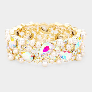 Gold with Cream Pearls and Teardrop AB Stones Formal Stretch Bracelet ( 0110-2X )