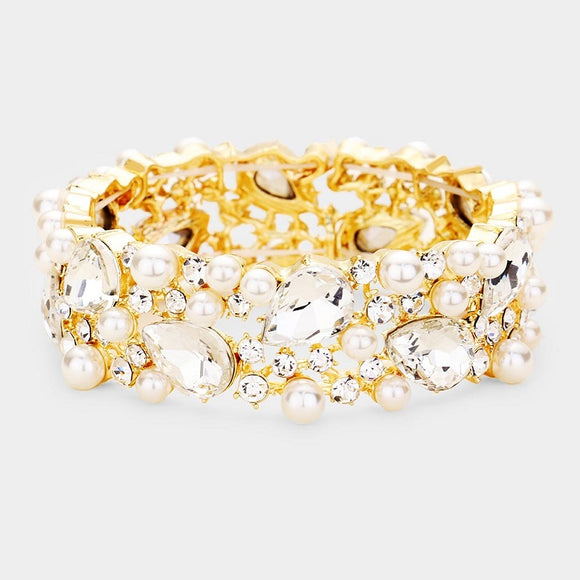 Gold with Cream Pearls and Teardrop Clear Stones Formal Stretch Bracelet ( 0110-2C )