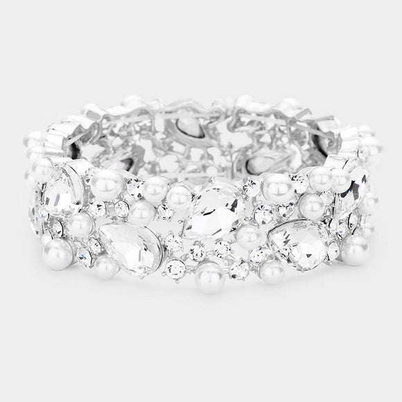 Silver with White Pearls and Teardrop Clear Stones Formal Stretch Bracelet ( 0110-3C )